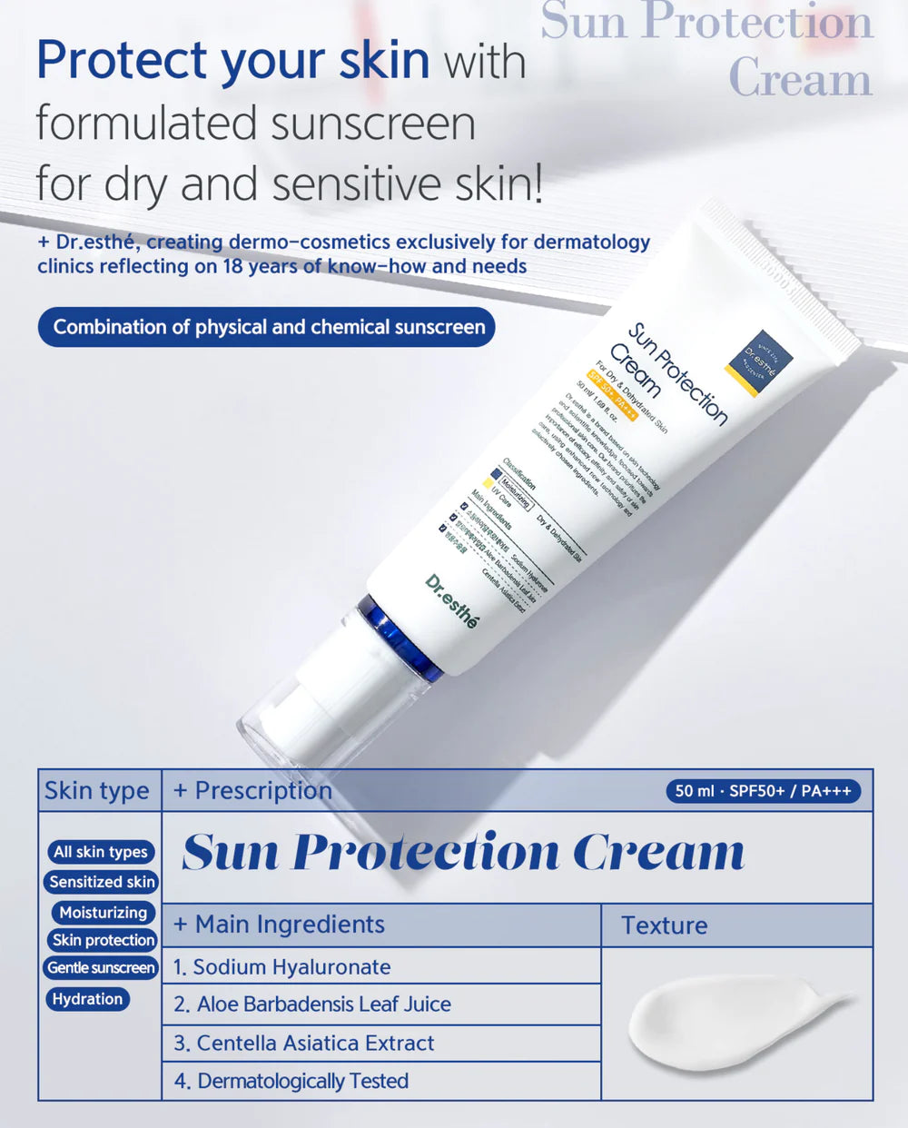 Dr.Esthe- Sun Protection Cream SPF 50 PA+++ DRY SKIN (50ml) - Image 2